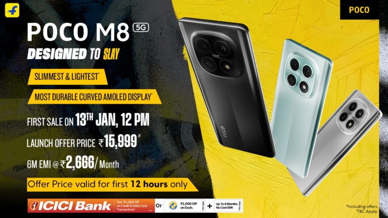 पोको M8 5G कर्व्‍ड एमोलेड डिस्‍प्‍ले, मिलिट्री-ग्रेड ड्यूरैबिलिटी और ईवी-ग्रेड 5,520mAh बैटरी के साथ भारत में लॉन्‍च